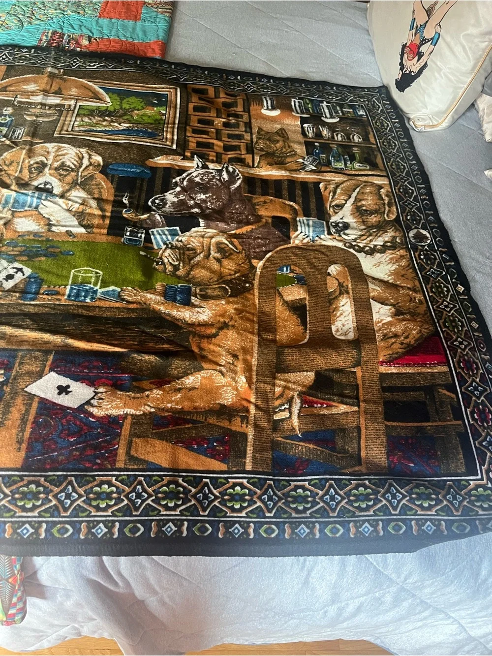 1970’s Made in TurkeyDog Poker Scene Printed Tapestry Brown, Green, Blue